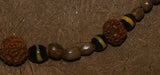 Unique Vintage Hand crafted Ethnic Glass Trade Beads, Rudhaccha Seeds & Seed Beads Necklace with 3 Buffalo Bone Hand Carved Pendants of Protective Ancestor Effigies for Good Luck, Health & Prosperity, Borneo, Indonesia NECK16 + 1 Flapper Coconut necklace.