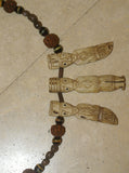 Unique Vintage Hand crafted Ethnic Glass Trade Beads, Rudhaccha Seeds & Seed Beads Necklace with 3 Buffalo Bone Hand Carved Pendants of Protective Ancestor Effigies for Good Luck, Health & Prosperity, Borneo, Indonesia NECK16 + 1 Flapper Coconut necklace.