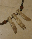 Unique Vintage Hand crafted Ethnic Glass Trade Beads, Rudhaccha Seeds & Seed Beads Necklace with 3 Buffalo Bone Hand Carved Pendants of Protective Ancestor Effigies for Good Luck, Health & Prosperity, Borneo, Indonesia NECK16 + 1 Flapper Coconut necklace.