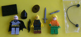 LEGO UNIVERSE SUPER HEROES, DC COMICS, 3 LONG RETIRED HARD TO FIND LEGO MINIFIGURES (17 PIECES): 2 NEW (GREY BATMAN WITH HELMET CAPE, BAT-A-RANG & AQUAMAN) + 3 RD ONE: HIGHLAND BATTLER IN MINT CONDITION (NOT PLAYED WITH BUT ONCE USED IN DISPLAY) ITEM 82