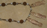 Unique Vintage Hand crafted Ethnic Glass Trade Beads, Rudhaccha Seeds & Seed Beads Necklace with 3 Buffalo Bone Hand Carved Pendants of Protective Ancestor Effigies for Good Luck, Health & Prosperity, Borneo, Indonesia NECK13+ 1 Flapper Coconut necklace.