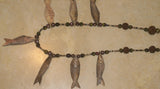 Unique Vintage Hand crafted Ethnic Glass Trade Beads & Rudhaccha Seeds  Necklace with 7 Asian Buffalo Bone Hand Carved Pendants of Fish Effigies, Borneo, Indonesia NECK10+ 1 Flapper Coconut necklace. Zodiac Pisces Emblem.