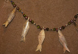 Unique Vintage Hand crafted Ethnic Glass Trade Beads & Rudhaccha Seeds  Necklace with 7 Asian Buffalo Bone Hand Carved Pendants of Fish Effigies, Borneo, Indonesia NECK10+ 1 Flapper Coconut necklace. Zodiac Pisces Emblem.