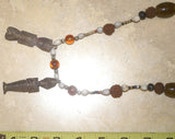 Vintage Hand crafted Ethnic Glass Trade & Metal Beads, Rudhaccha & Seed Beads Necklace with 2 Buffalo Bone Hand Carved Pendants of Protective Ancestor Effigies for Good Luck, Health & Prosperity, Borneo, Indonesia NECK17+ 1 Flapper Coconut necklace.