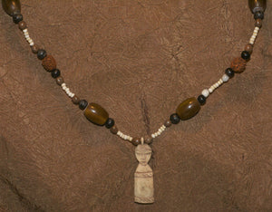 Unique Vintage Earthtones Hand crafted Ethnic Amber & Glass Trade Beads Necklace with Buffalo Bone Hand Carved Pendant of Protective Ancestor Effigy for Good Luck, Health & Prosperity, Borneo Kalimantan, Indonesia NECK18 + 1 Flapper Coconut necklace.