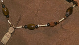 Unique Vintage Earthtones Hand crafted Ethnic Amber & Glass Trade Beads Necklace with Buffalo Bone Hand Carved Pendant of Protective Ancestor Effigy for Good Luck, Health & Prosperity, Borneo Kalimantan, Indonesia NECK18 + 1 Flapper Coconut necklace.