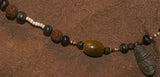 Unique Vintage Hand crafted Ethnic Amber & Glass Trade Beads, Rudhaccha Seeds Necklace with Buffalo Bone Hand Carved Pendant of Protective Ancestor Effigy for Good Luck, Health & Prosperity, Borneo Kalimantan, Indonesia NECK19 + 1 Coconut necklace.