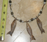 Unique Vintage Hand crafted Ethnic Glass Trade & Metal Beads, Seed beads Necklace with 3 Asian Buffalo Bone Hand Carved Pendants of Fish Effigies, Borneo, Indonesia NECK20+ 1 Flapper Coconut necklace. Zodiac Pisces Emblem.