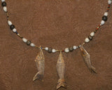 Unique Vintage Hand crafted Ethnic Glass Trade & Metal Beads, Seed beads Necklace with 3 Asian Buffalo Bone Hand Carved Pendants of Fish Effigies, Borneo, Indonesia NECK20+ 1 Flapper Coconut necklace. Zodiac Pisces Emblem.