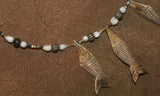 Unique Vintage Hand crafted Ethnic Glass Trade & Metal Beads, Seed beads Necklace with 3 Asian Buffalo Bone Hand Carved Pendants of Fish Effigies, Borneo, Indonesia NECK20+ 1 Flapper Coconut necklace. Zodiac Pisces Emblem.