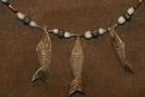 Unique Vintage Hand crafted Ethnic Glass Trade & Metal Beads, Seed beads Necklace with 3 Asian Buffalo Bone Hand Carved Pendants of Fish Effigies, Borneo, Indonesia NECK20+ 1 Flapper Coconut necklace. Zodiac Pisces Emblem.