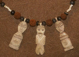 Unique Vintage Hand crafted Ethnic Glass Trade Beads, Rudhaccha Seeds Necklace with 3 Buffalo Bone Hand Carved Pendants of Protective Ancestor Effigies for Good Luck, Health & Prosperity, Borneo, Indonesia NECK21+ 1 Flapper Coconut necklace.