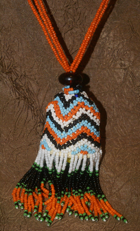 Tribal Old Hand Crafted Colorful Rare Magic Spiritual Glass Trade Beads, 1 Amber bead  & Tassel Necklace, Ethnic Orang Ulu Ceremonial Status Symbol, Currency, collected in late 1900’s, Borneo, Kalimantan. NB7 multicolor + 1 Handmade Coconut Beads’ Chain