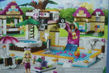 NOW RARE RETIRED LEGO FRIENDS HEARTLAKE CITY POOL JACCUZI (41008) & 2 MINIFIGURES, LOUNGE CHAIRS, UMBRELLA, DIVING BOARD, SLIDE, BASKETBALL HOOP, SHOWER, BATHROOM, ACCESSORIES, BOX & MANUALS: AGE 6-12. YEAR 2013