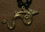 Borneo Tribal Oran Ulu, Dayak, Iban Tribe Heavy Brass Bronze Aso Dog Dragon Earring Talisman, Ear Weight Used as a Pendant for Necklace with Dark Old Glass Trade Beads NB16