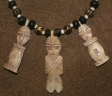 Unique Vintage Hand crafted Ethnic Glass Trade & Metal Beads Necklace with 3 Asian Buffalo Bone Hand Carved Pendants of Protective Ancestor Effigies, Borneo, Indonesia NECK27+ 1 Flapper Coconut necklace.