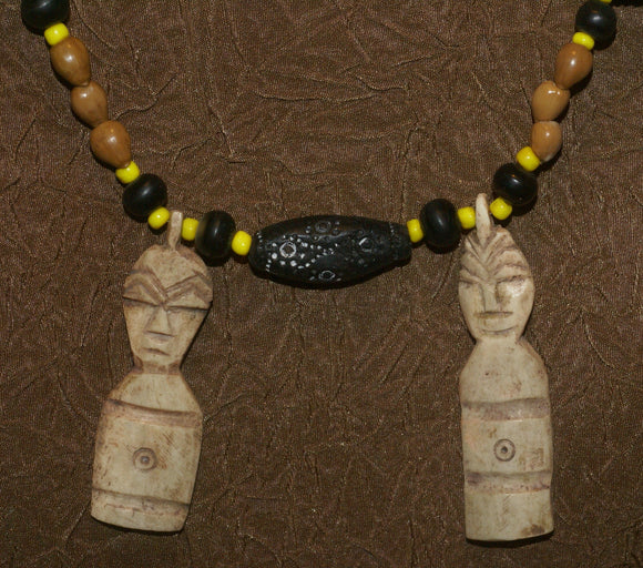 Unique Vintage Hand crafted Ethnic Glass Trade Beads, Seed & Rudhaccha Seeds Necklace with 2 Asian Buffalo Bone Hand Carved Pendants of Protective Ancestor Effigies, Borneo, Indonesia NECK28+ 1 Flapper Coconut necklace.