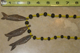 Unique Vintage Hand crafted Ethnic Glass Trade Beads Necklace with 3 Asian Buffalo Bone Hand Carved Pendants of fish “Zodiac Pisces” , Borneo, Indonesia NECK29+ 1 Flapper Coconut necklace.