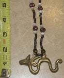 Borneo Tribal Oran Ulu, Dayak, Iban Tribe Heavy Brass Bronze Aso Dog Dragon Earring Talisman, Ear Weight Used as a Pendant for Necklace with Real Pearls & Old Glass Trade Beads NB17