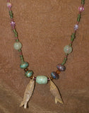 Unique Vintage Hand crafted Ethnic Old Kalimantan Glass Trade Beads Necklace with 2 Asian Water Buffalo Bone Hand Carved Pendants of fish “Zodiac Pisces”, Borneo, Indonesia NECK31 + 1 Flapper Coconut necklace.