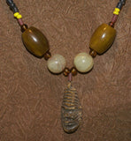 Unique Earthtones Hand crafted Ethnic Glass Trade Beads Necklace with Buffalo Bone Hand Carved Pendant of Protective Ancestor for Good Luck, Borneo Kalimantan, Indonesia NECK32 + 1 Flapper Coconut necklace.