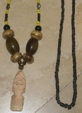 Unique Vintage Hand crafted Ethnic Amber & Glass Trade Beads Necklace with Buffalo Bone Hand Carved Pendant of Protective Ancestor Effigy for Good Luck, Health & Prosperity, Borneo Kalimantan, Indonesia NECK35 + 1 extra Old black trade beads necklace.