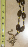 Borneo Tribal Oran Ulu, Dayak, Iban Tribe Heavy Brass Bronze Aso Dog Dragon Earring Talisman, Ear Weight Used as a Pendant for Necklace with Large Amber Beads & Old Glass Trade Beads NB19