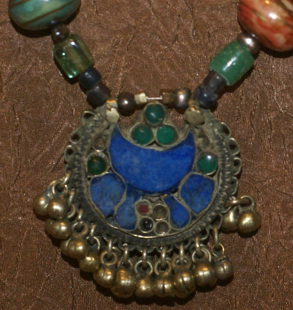ONE OF A KIND HAND CRAFTED RARE VINTAGE ETHNIC AFGHANISTAN KUCHI (KOCHI) NOMAD PEOPLE JEWELRY, NECKLACE WITH LAPIS LAZZURI PENDANT ADORNED WITH BELL FRINGES, FUSION CHEST ORNEMENT COLLECTED IN LATE 1900’S, MIDDLE EAST (AFGA1)
