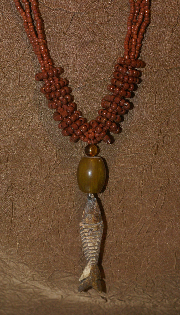 4 Strands Unique Earthtones Hand crafted Ethnic Glass Trade Beads Necklace with Buffalo Bone Hand Carved Pendant of Fish, Zodiac Pisces, Borneo Kalimantan, Indonesia NECK37