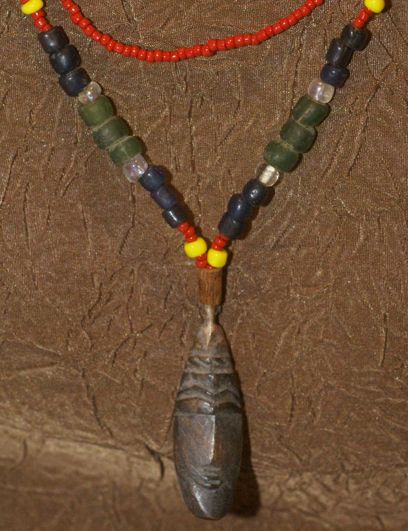 2 Unique Vintage Hand crafted Ethnic Glass Trade Beads Necklaces with 1 Buffalo Bone Hand Carved Pendant of Protective Ancestor for Good Luck & Prosperity, Borneo, Indonesia NECK38, 1 Multicolor & 1 Red