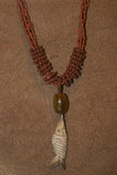 4 Strands Unique Earthtones Hand crafted Ethnic Glass Trade Beads & Amber Bead Necklace with Buffalo Bone Hand Carved Pendant of Fish, Zodiac Pisces, Borneo Kalimantan, Indonesia NECK39