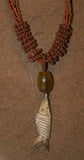 4 Strands Unique Earthtones Hand crafted Ethnic Glass Trade Beads & Amber Bead Necklace with Buffalo Bone Hand Carved Pendant of Fish, Zodiac Pisces, Borneo Kalimantan, Indonesia NECK39