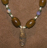 Unique Vintage Talisman, Hand crafted Ethnic Amber & Glass Trade Beads Necklace with Buffalo Bone Hand Carved Pendant of Protective Ancestor Effigy for Good Luck, Health & Prosperity, Borneo Kalimantan, Indonesia NECK40, Collected in the late 1900’s