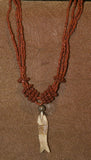 4 Strands Unique Earthtones Hand crafted Ethnic Glass Trade Beads Necklace with Buffalo Bone Hand Carved Pendant of Fish, Zodiac Pisces, Borneo Kalimantan, Indonesia NECK41