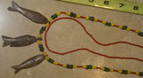 2 Unique Vintage Hand crafted Ethnic Glass Trade Beads Necklaces with 3 Buffalo Bone Hand Carved Pendants of fish, Borneo, Indonesia NECK42, Multicolor, & 1 Red Kalimantan old Beads Chain