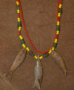 2 Unique Vintage Hand crafted Ethnic Glass Trade Beads Necklaces with 3 Buffalo Bone Hand Carved Pendants of fish, Borneo, Indonesia NECK42, Multicolor, & 1 Red Kalimantan old Beads Chain