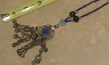 UNIQUE HAND CRAFTED RARE VINTAGE ETHNIC AFGHANISTAN KUCHI (KOCHI) NOMAD TRIBE JEWELRY, REAL PEARLS & OLD TRADE BEADS NECKLACE WITH PENDANT ADORNED WITH BELL FRINGES & BLUE STONE, FUSION CHEST ORNEMENT COLLECTED IN LATE 1900’S, MIDDLE EAST (NECK AFGA2)