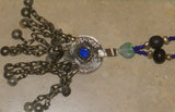 UNIQUE HAND CRAFTED RARE VINTAGE ETHNIC AFGHANISTAN KUCHI (KOCHI) NOMAD TRIBE JEWELRY, REAL PEARLS & OLD TRADE BEADS NECKLACE WITH PENDANT ADORNED WITH BELL FRINGES & BLUE STONE, FUSION CHEST ORNEMENT COLLECTED IN LATE 1900’S, MIDDLE EAST (NECK AFGA2)