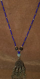 UNIQUE HAND CRAFTED RARE VINTAGE ETHNIC AFGHANISTAN KUCHI (KOCHI) NOMAD TRIBE JEWELRY, REAL PEARLS & OLD TRADE BEADS NECKLACE WITH PENDANT ADORNED WITH BELL FRINGES & BLUE STONE, FUSION CHEST ORNEMENT COLLECTED IN LATE 1900’S, MIDDLE EAST (NECK AFGA2)