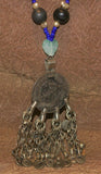 UNIQUE HAND CRAFTED RARE VINTAGE ETHNIC AFGHANISTAN KUCHI (KOCHI) NOMAD TRIBE JEWELRY, REAL PEARLS & OLD TRADE BEADS NECKLACE WITH PENDANT ADORNED WITH BELL FRINGES & BLUE STONE, FUSION CHEST ORNEMENT COLLECTED IN LATE 1900’S, MIDDLE EAST (NECK AFGA2)