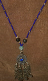 UNIQUE HAND CRAFTED RARE VINTAGE ETHNIC AFGHANISTAN KUCHI (KOCHI) NOMAD TRIBE JEWELRY, REAL PEARLS & OLD TRADE BEADS NECKLACE WITH PENDANT ADORNED WITH BELL FRINGES & BLUE STONE, FUSION CHEST ORNEMENT COLLECTED IN LATE 1900’S, MIDDLE EAST (NECK AFGA2)