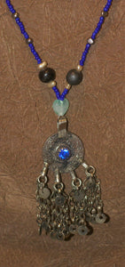 UNIQUE HAND CRAFTED RARE VINTAGE ETHNIC AFGHANISTAN KUCHI (KOCHI) NOMAD TRIBE JEWELRY, REAL PEARLS & OLD TRADE BEADS NECKLACE WITH PENDANT ADORNED WITH BELL FRINGES & BLUE STONE, FUSION CHEST ORNEMENT COLLECTED IN LATE 1900’S, MIDDLE EAST (NECK AFGA2)