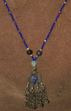 UNIQUE HAND CRAFTED RARE VINTAGE ETHNIC AFGHANISTAN KUCHI (KOCHI) NOMAD TRIBE JEWELRY, REAL PEARLS & OLD TRADE BEADS NECKLACE WITH PENDANT ADORNED WITH BELL FRINGES & BLUE STONE, FUSION CHEST ORNEMENT COLLECTED IN LATE 1900’S, MIDDLE EAST (NECK AFGA2)