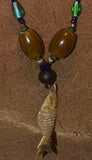Unique Earthtones Hand crafted Ethnic Glass Trade Beads Necklace with Buffalo Bone Hand Carved Pendant of Fish, Zodiac Pisces, Borneo Kalimantan, Indonesia NECK44 + 1 Flapper Coconut necklace.