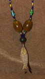 Unique Earthtones Hand crafted Ethnic Glass Trade Beads Necklace with Buffalo Bone Hand Carved Pendant of Fish, Zodiac Pisces, Borneo Kalimantan, Indonesia NECK44 + 1 Flapper Coconut necklace.