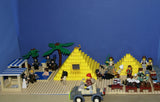 CUSTOM LEGO SET, PYRAMID RAIDERS ARCHEOLOGIC DIG WITH 33 NOW RARE RETIRED MINIFIGURES FROM ADVENTURES OF THE ORIENT EXPRESS & INDIANA JONES TEAM, SKELETONS, SNAKES SCORPIONS SPIDERS, 2 PYRAMIDS, OASIS, MANY ACCESSORIES 535 PCS (KIT 11) 20" X 10"