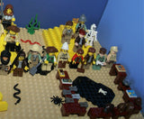 CUSTOM LEGO SET, PYRAMID RAIDERS ARCHEOLOGIC DIG WITH 33 NOW RARE RETIRED MINIFIGURES FROM ADVENTURES OF THE ORIENT EXPRESS & INDIANA JONES TEAM, SKELETONS, SNAKES SCORPIONS SPIDERS, 2 PYRAMIDS, OASIS, MANY ACCESSORIES 535 PCS (KIT 11) 20" X 10"