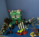 4 CUSTOM LEGO SETS "MISSION DEEP SEA COMPROMISED" (32" x 12") 1012 pieces, 36 NOW RARE RETIRED MINIFIGURES, 30 ANIMALS OR FISH, 3 RESEARCH CENTERS ON STILTS, POOL, DOCKS, BOATS, HOLDING TANKS, ROCKY SHORE, MANY ACCESSORIES (KIT 13)