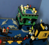 4 CUSTOM LEGO SETS "MISSION DEEP SEA COMPROMISED" (32" x 12") 1012 pieces, 36 NOW RARE RETIRED MINIFIGURES, 30 ANIMALS OR FISH, 3 RESEARCH CENTERS ON STILTS, POOL, DOCKS, BOATS, HOLDING TANKS, ROCKY SHORE, MANY ACCESSORIES (KIT 13)