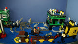 4 CUSTOM LEGO SETS "MISSION DEEP SEA COMPROMISED" (32" x 12") 1012 pieces, 36 NOW RARE RETIRED MINIFIGURES, 30 ANIMALS OR FISH, 3 RESEARCH CENTERS ON STILTS, POOL, DOCKS, BOATS, HOLDING TANKS, ROCKY SHORE, MANY ACCESSORIES (KIT 13)